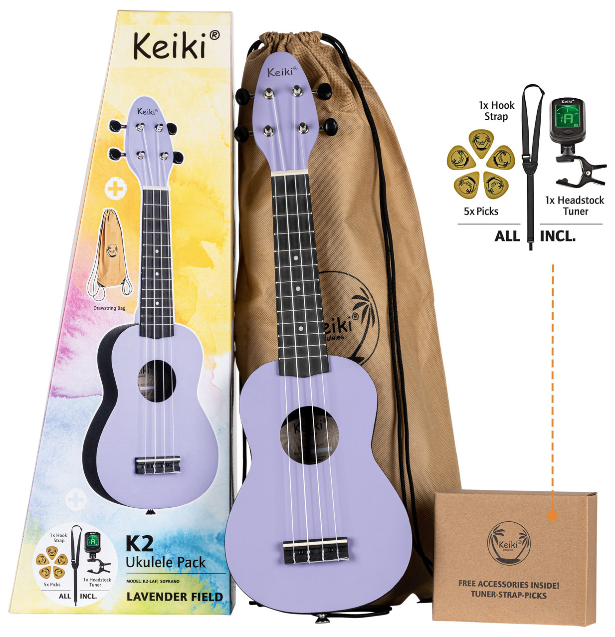 Ortega Keiki K2-laf Sopran Ukulele Pack Lavender Field